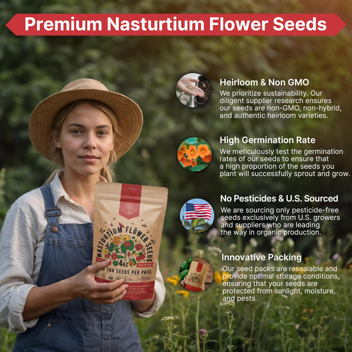 Organo Republic Nasturtium seeds pack emphasizes sustainable domestic sourcing