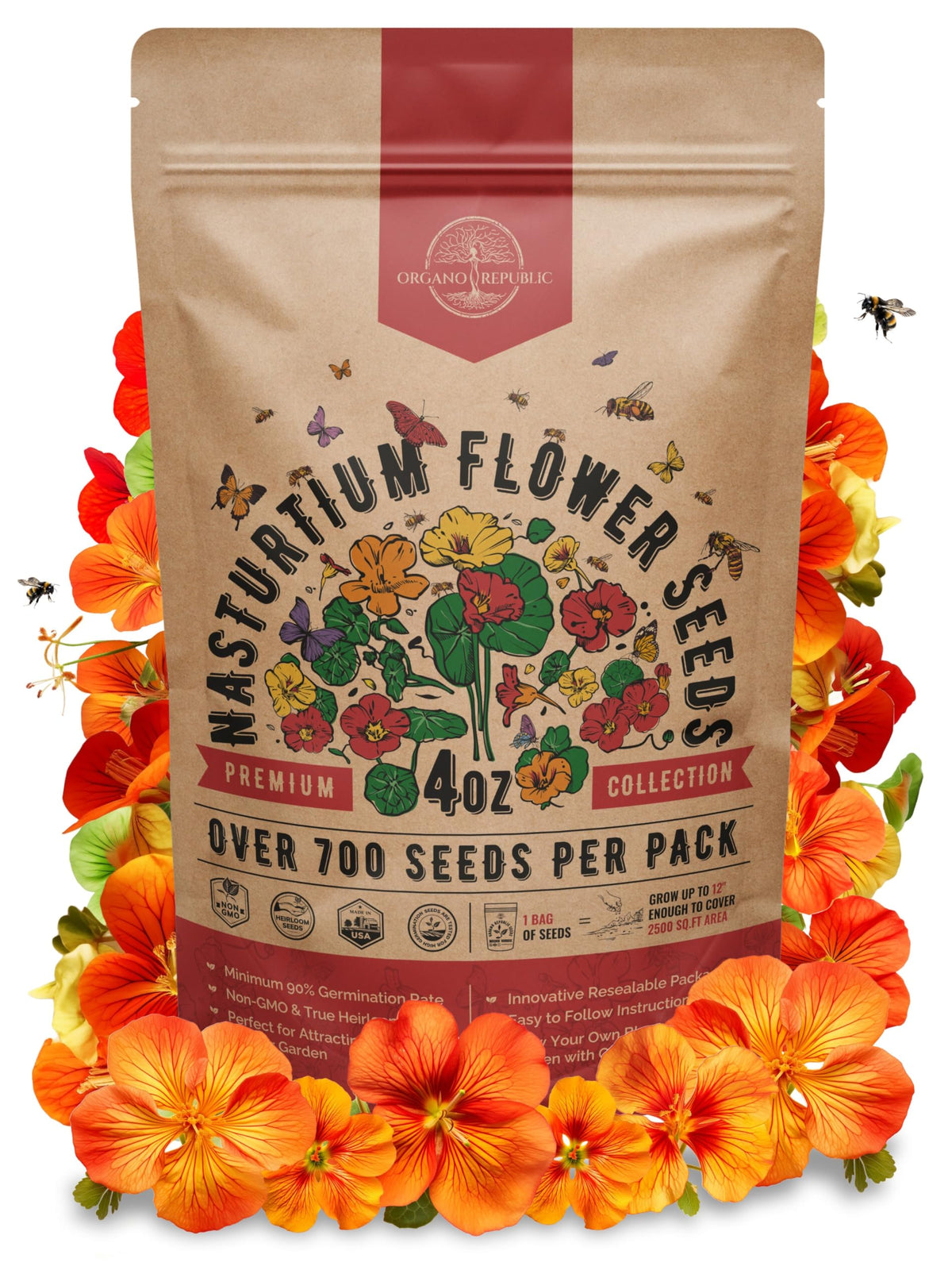 Organo Republic Nasturtium seeds pack showing a waterproof bag for seed storage and freshness