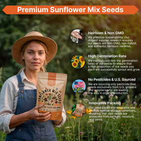Organo Republic sunflowers attracting pollinators and birds to the yard