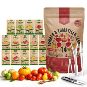 Organo Republic seed-pack cover featuring tomato and tomatillo varieties for home gardens.