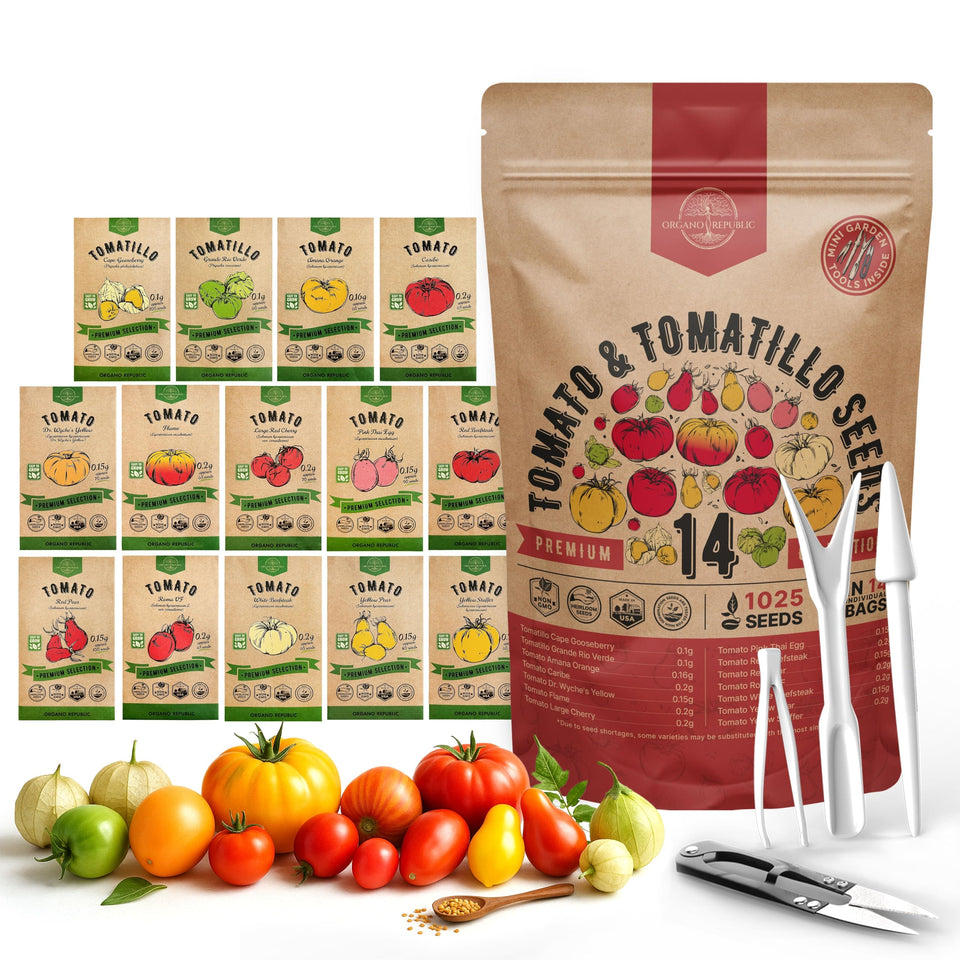 Organo Republic seed-pack cover featuring tomato and tomatillo varieties for home gardens.