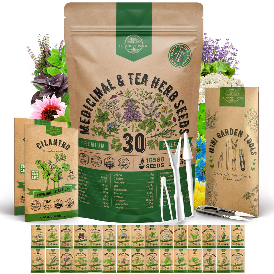 Organo Republic seed pack cover displaying heirloom herbs ready for indoor or outdoor growing