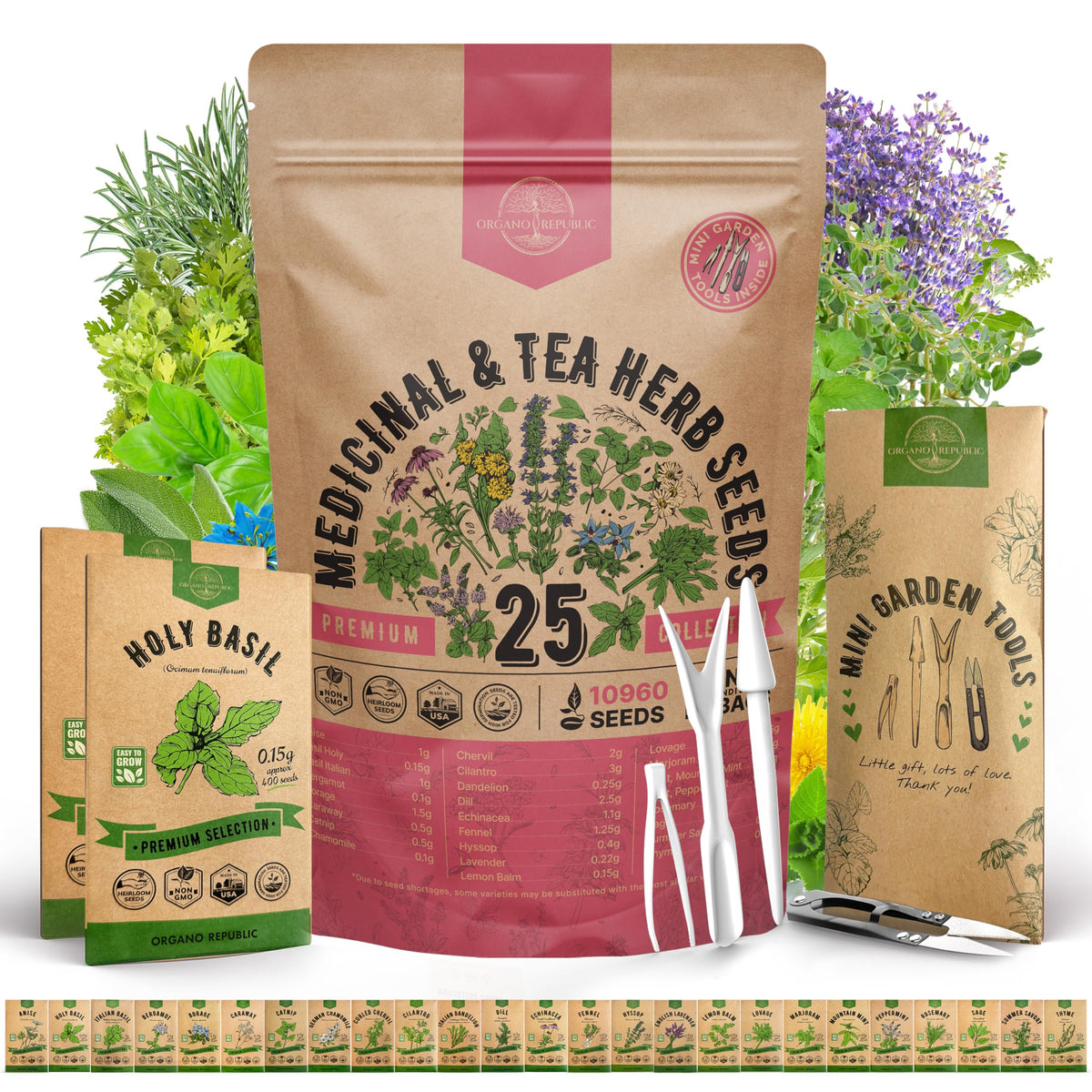 Organo Republic seed pack front view showing 25 herb packets for home gardening