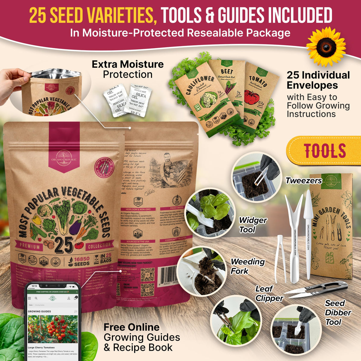 Close-up of Organo Republic seed packets displaying heirloom varieties
