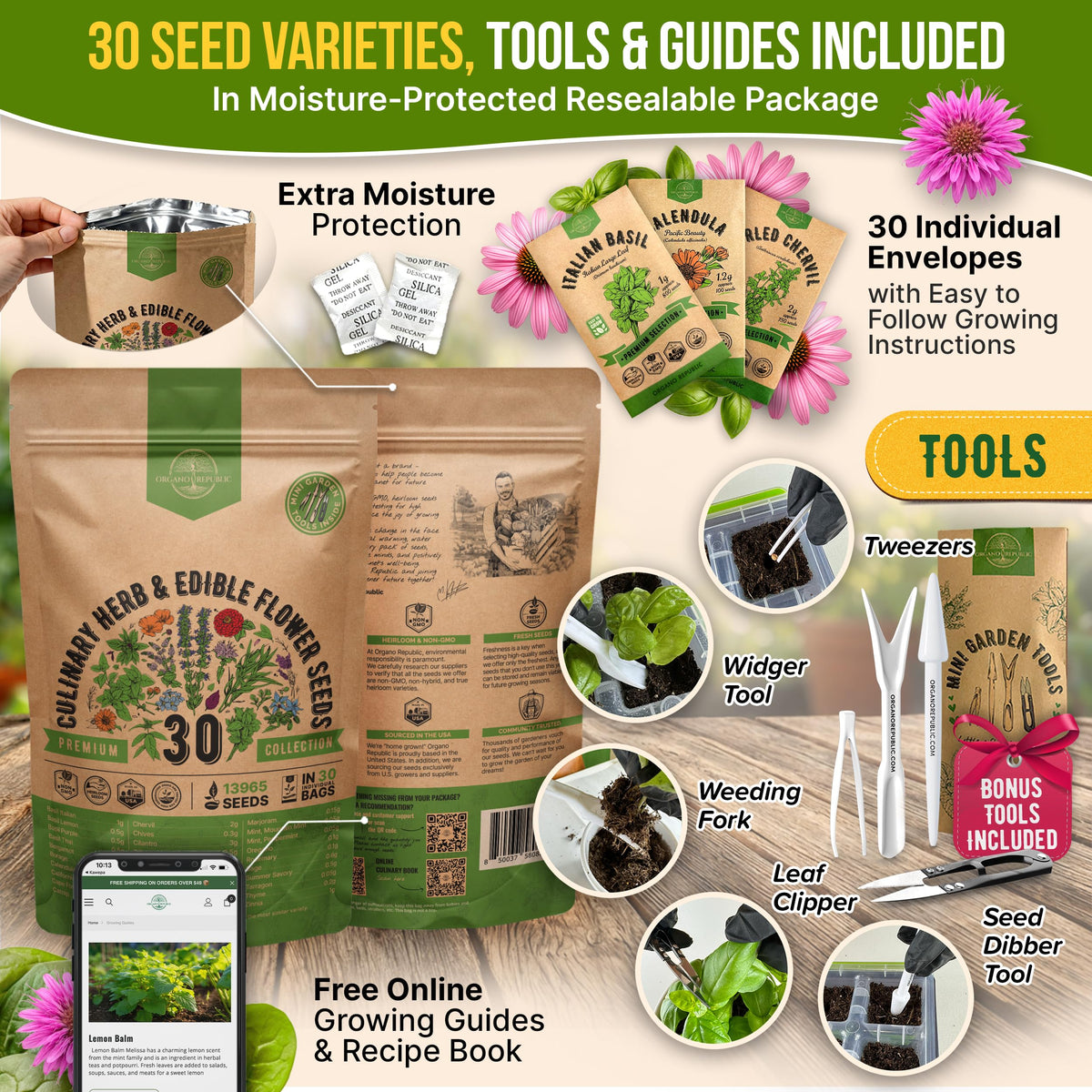 Organo Republic seed packets arranged for easy organization and planting.