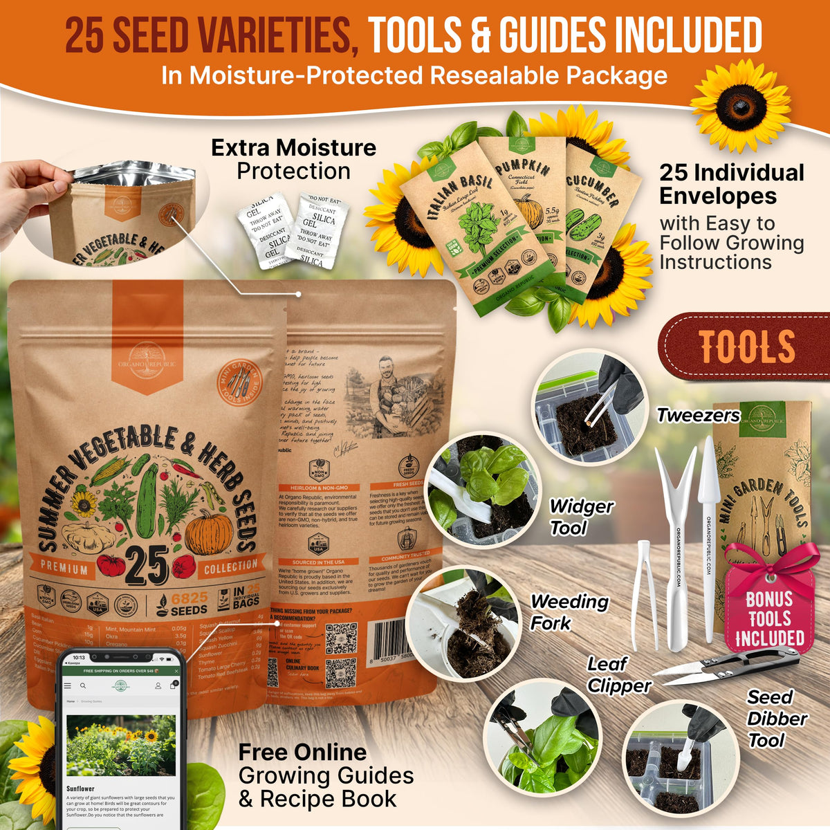 Organo Republic seed packets with QR guides image linked to growing tips and recipes