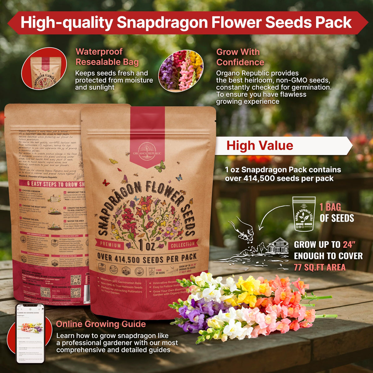 Organo Republic Snapdragon seeds pack back with QR code and storage tips for reliable germination.