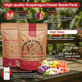 Organo Republic Snapdragon seeds pack back with QR code and storage tips for reliable germination.