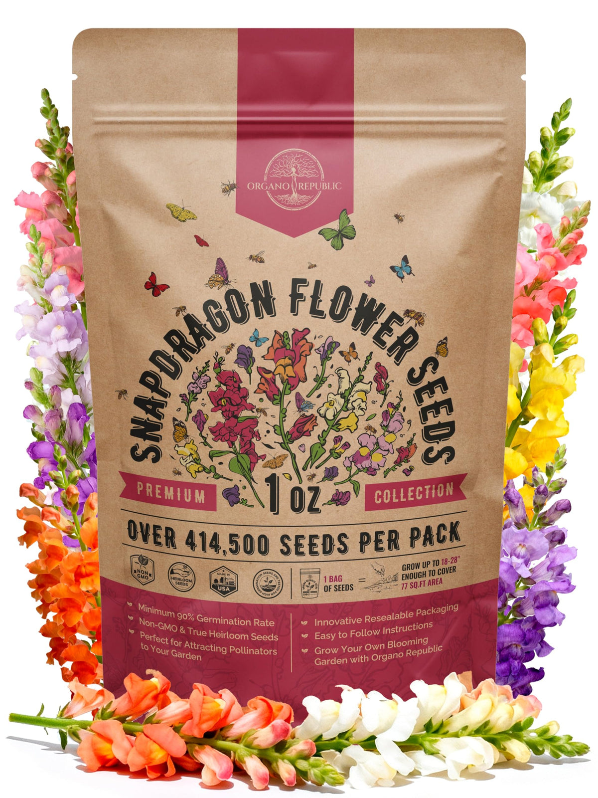 Organo Republic Snapdragon seeds pack front view, showcasing abundant, non-GMO heirloom seeds for easy planting.