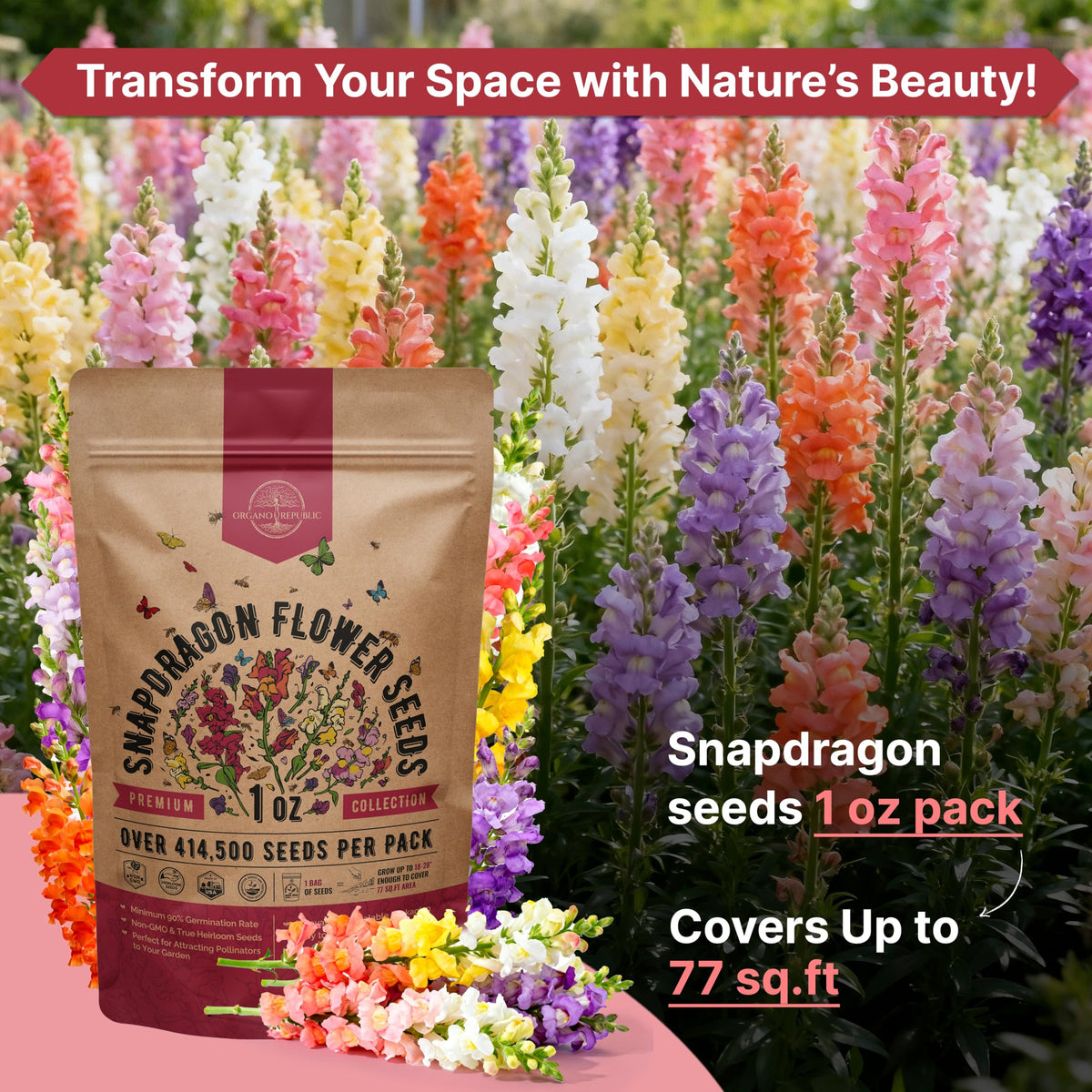 Organo Republic Snapdragon seeds pack inside view highlights waterproof, resealable bag protecting seeds.