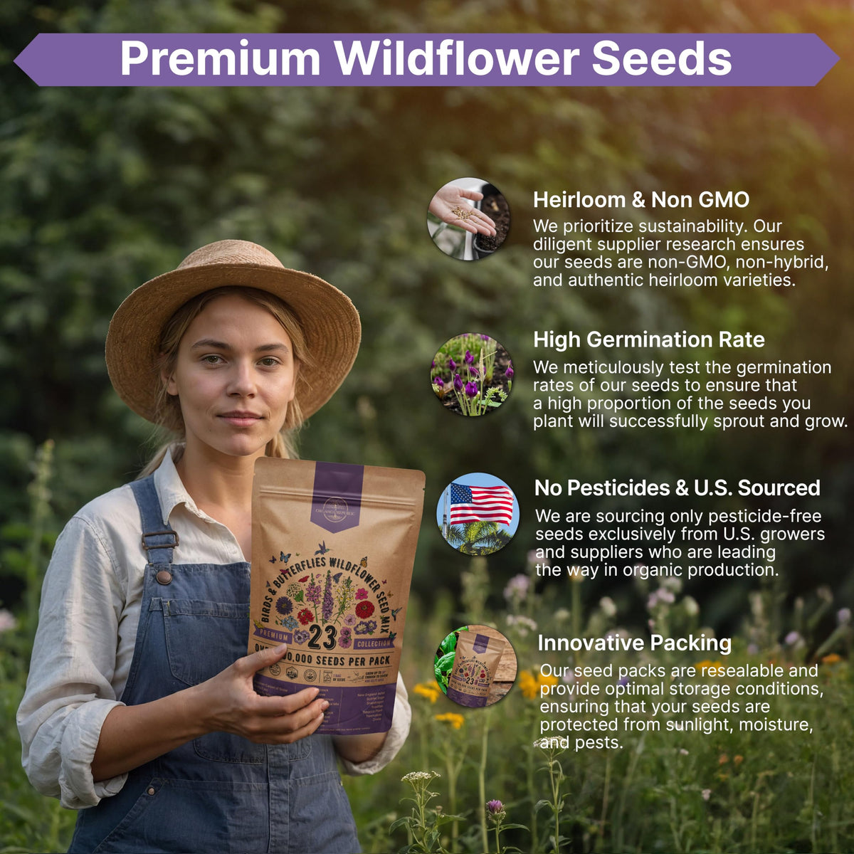 Organo Republic USA-made family seeds support a pollinator-friendly garden