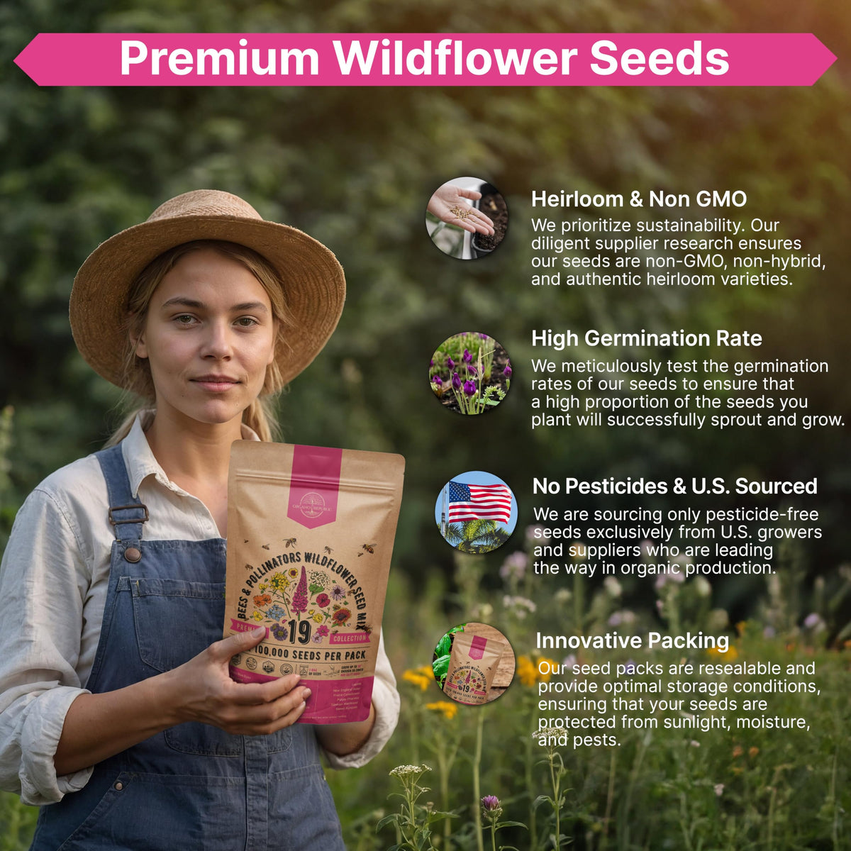 Organo Republic USA-made seed pack from a family-owned business, reliable storage.