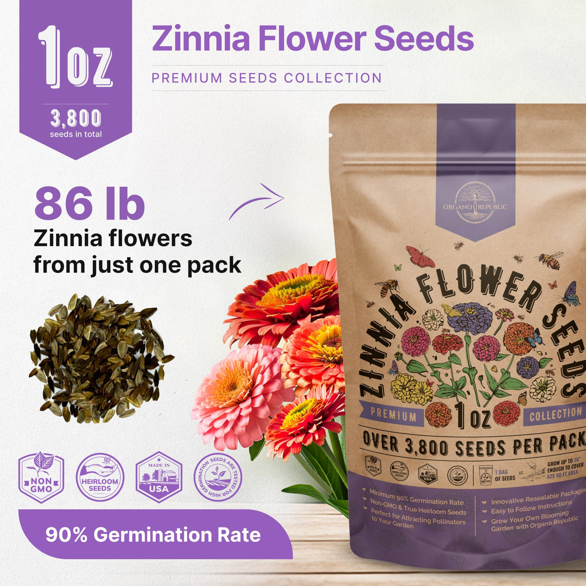 Organo Republic waterproof seed bag protecting zinnia seeds.