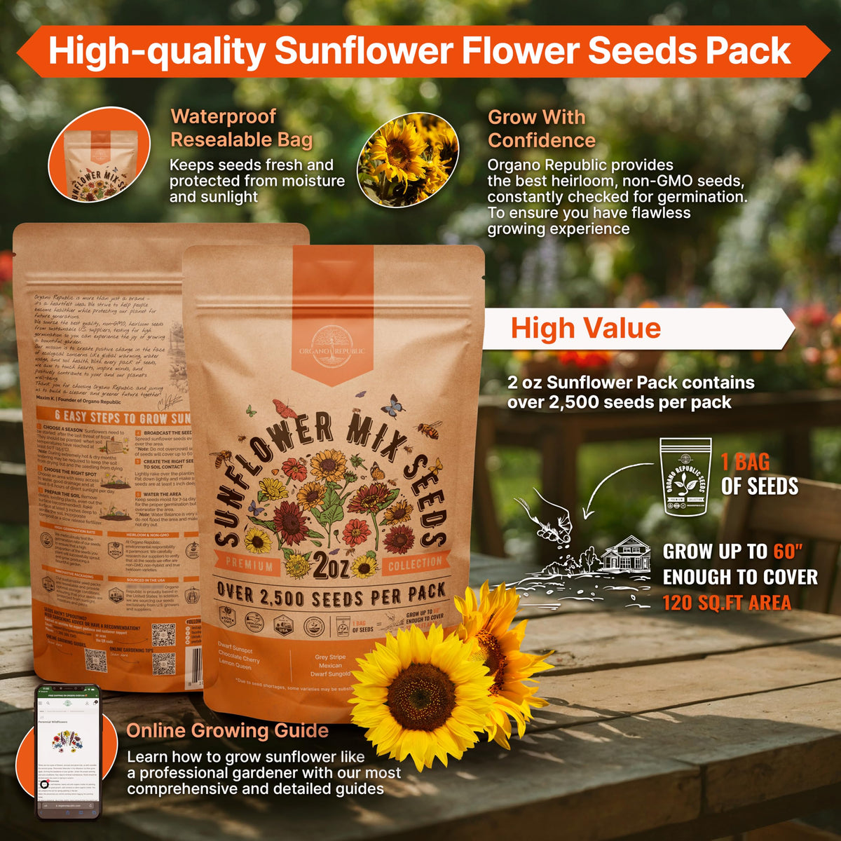 Organo Republic waterproof seed bag protects sunflower seeds for freshness