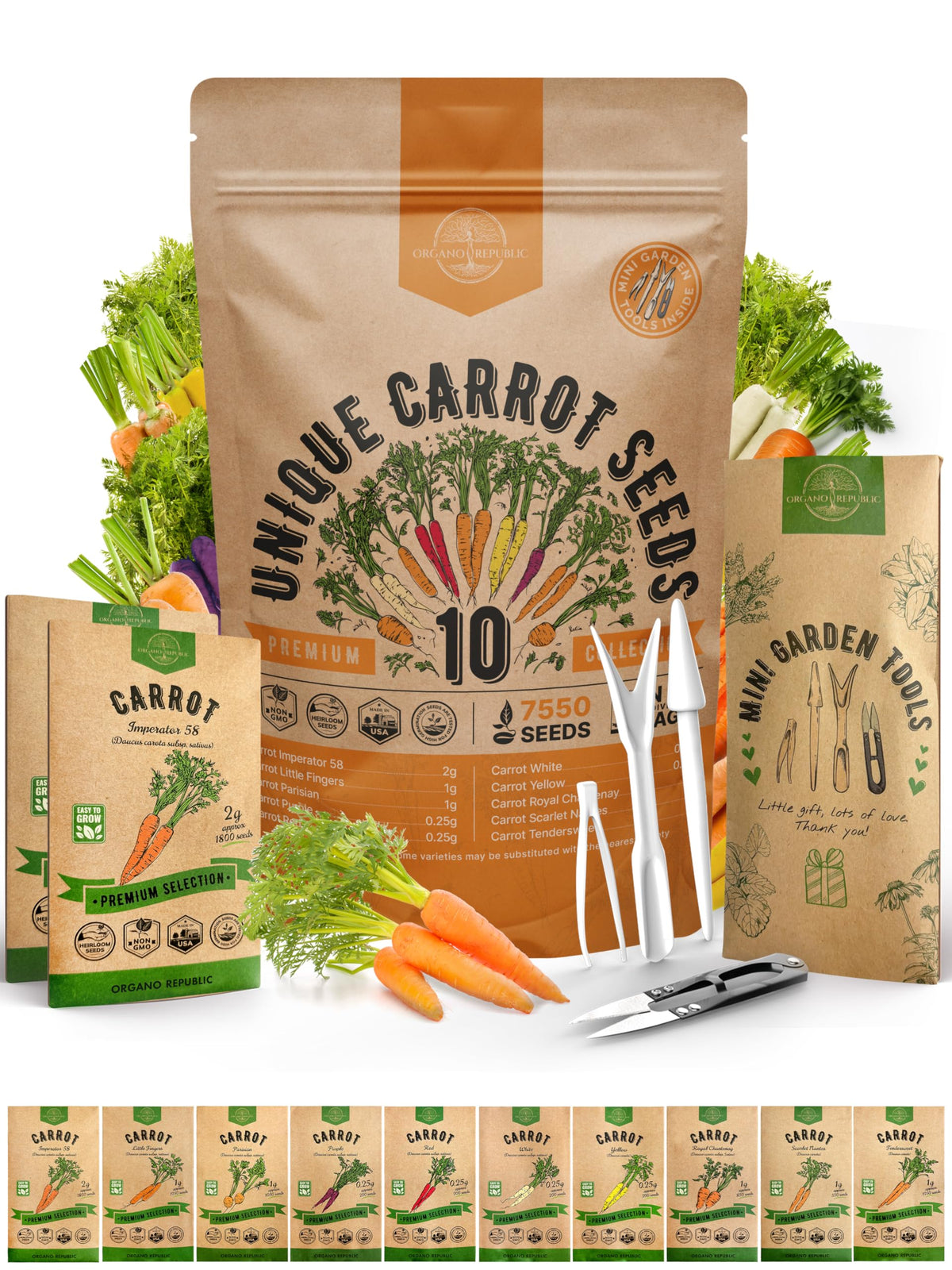 Organo Republic carrot seeds pack in a waterproof bag for easy indoor and outdoor growing