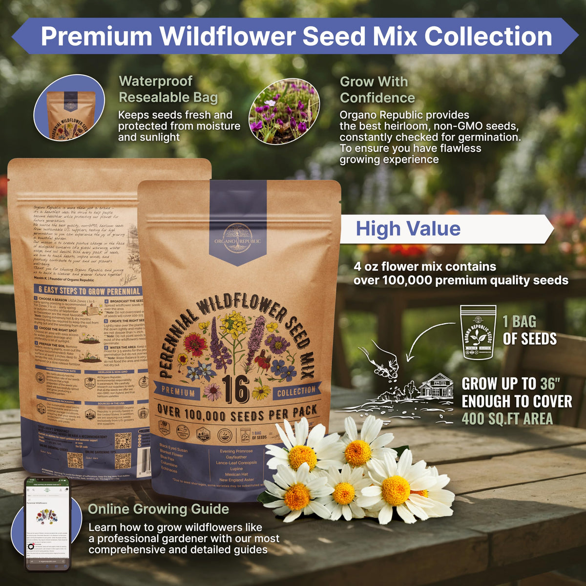 Organo Republic wildflower seeds garden pack designed for quick germination and vibrant outdoor borders.