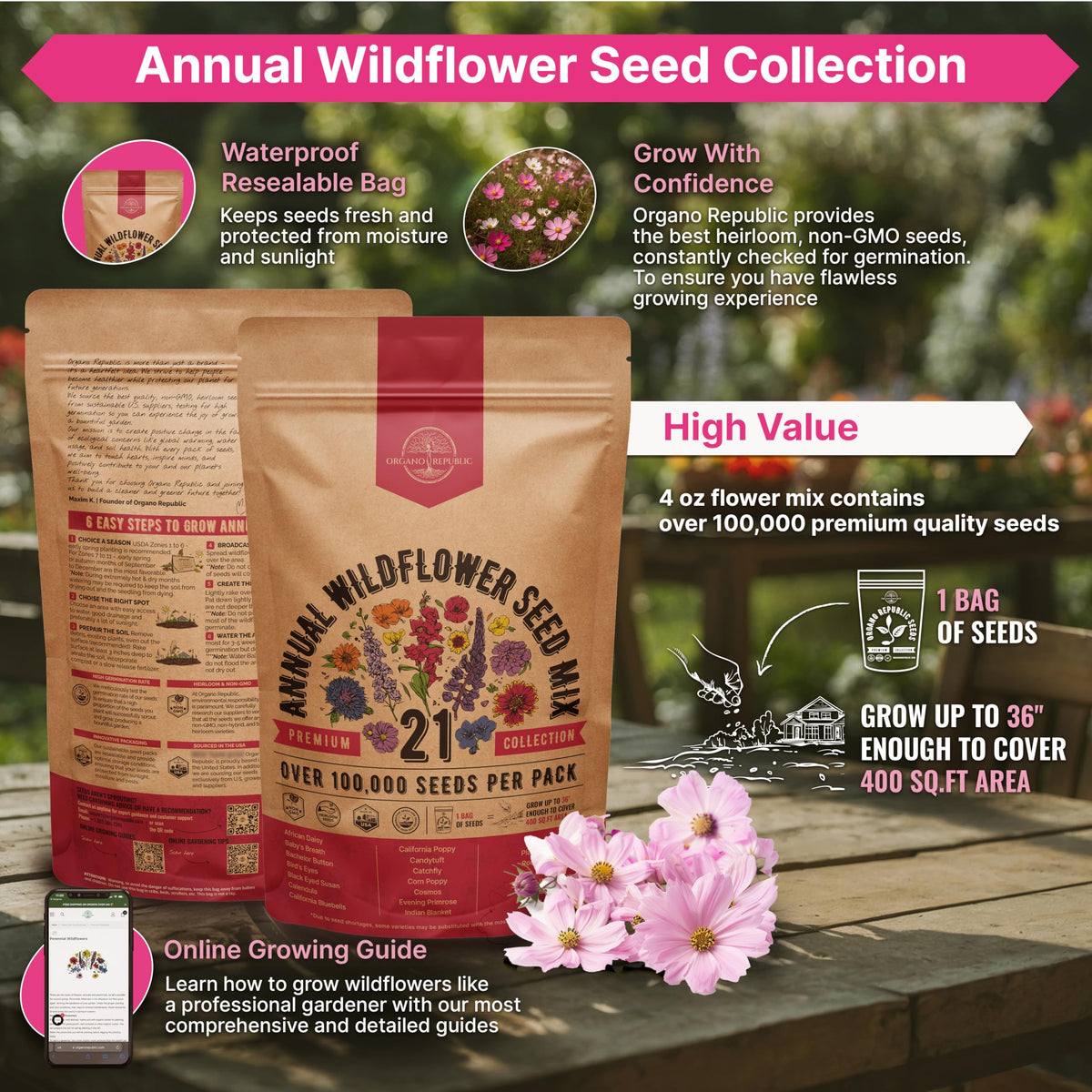 Organo Republic wildflower seed varieties display for garden decoration to brighten borders.