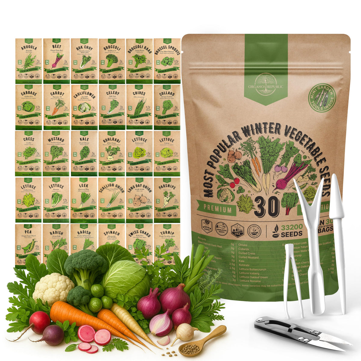 Organo Republic winter seed pack bag with 30 heirloom seeds for year-round harvest.