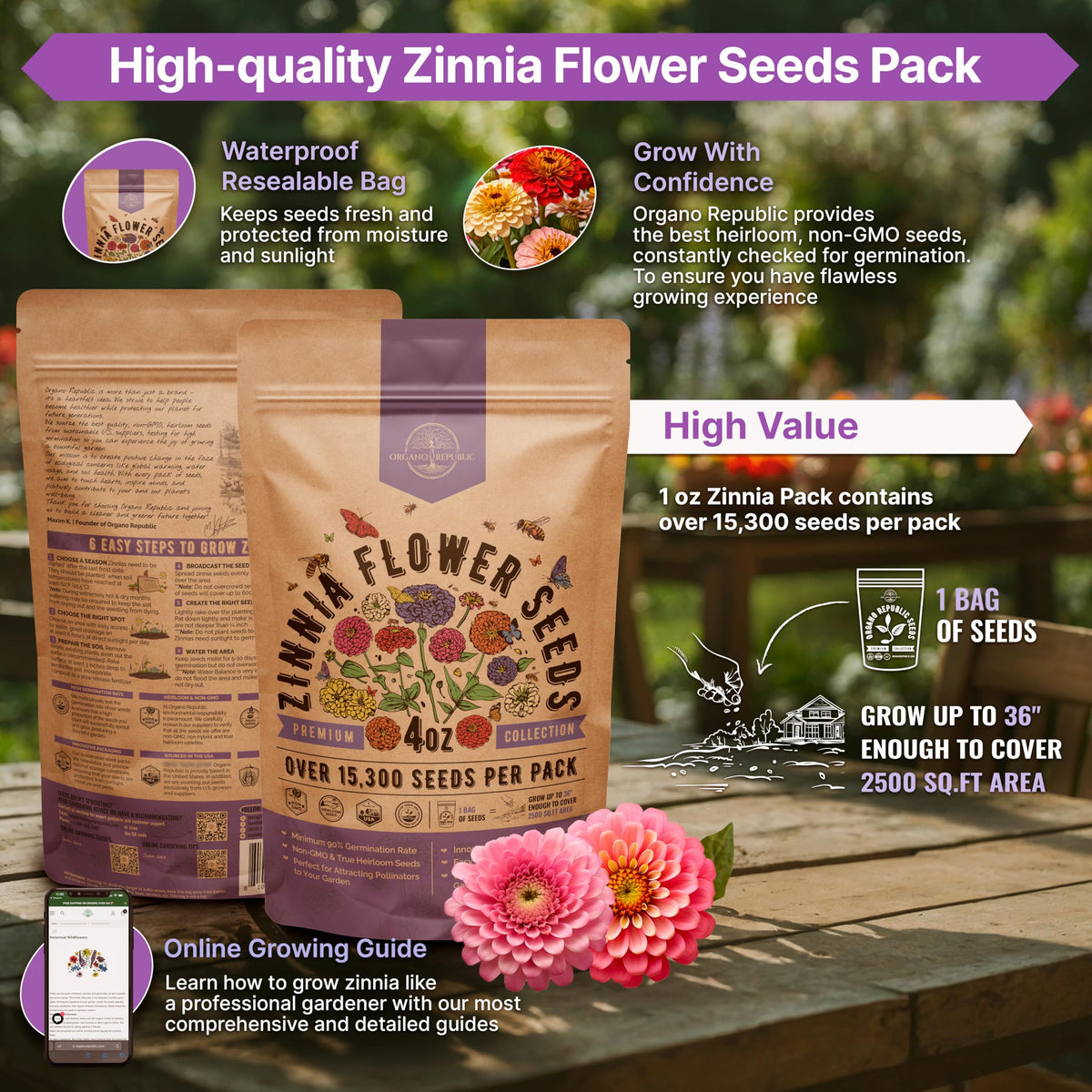 Organo Republic zinnia blooms in garden showing bright colors.
