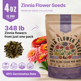 Closeup of Organo Republic zinnia seed packet highlighting non-GMO heirloom quality.