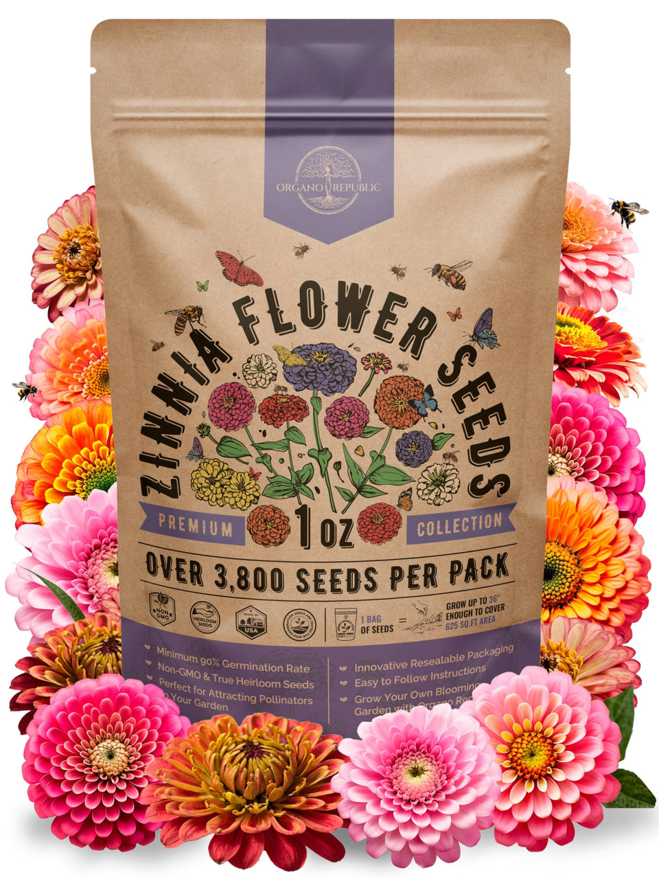 Organo Republic zinnia seeds pack 1oz in a ready-to-plant packet.