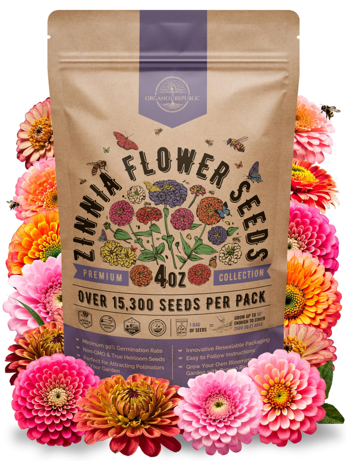 Organo Republic Zinnia seeds pack 4oz ready for vibrant home garden planting.