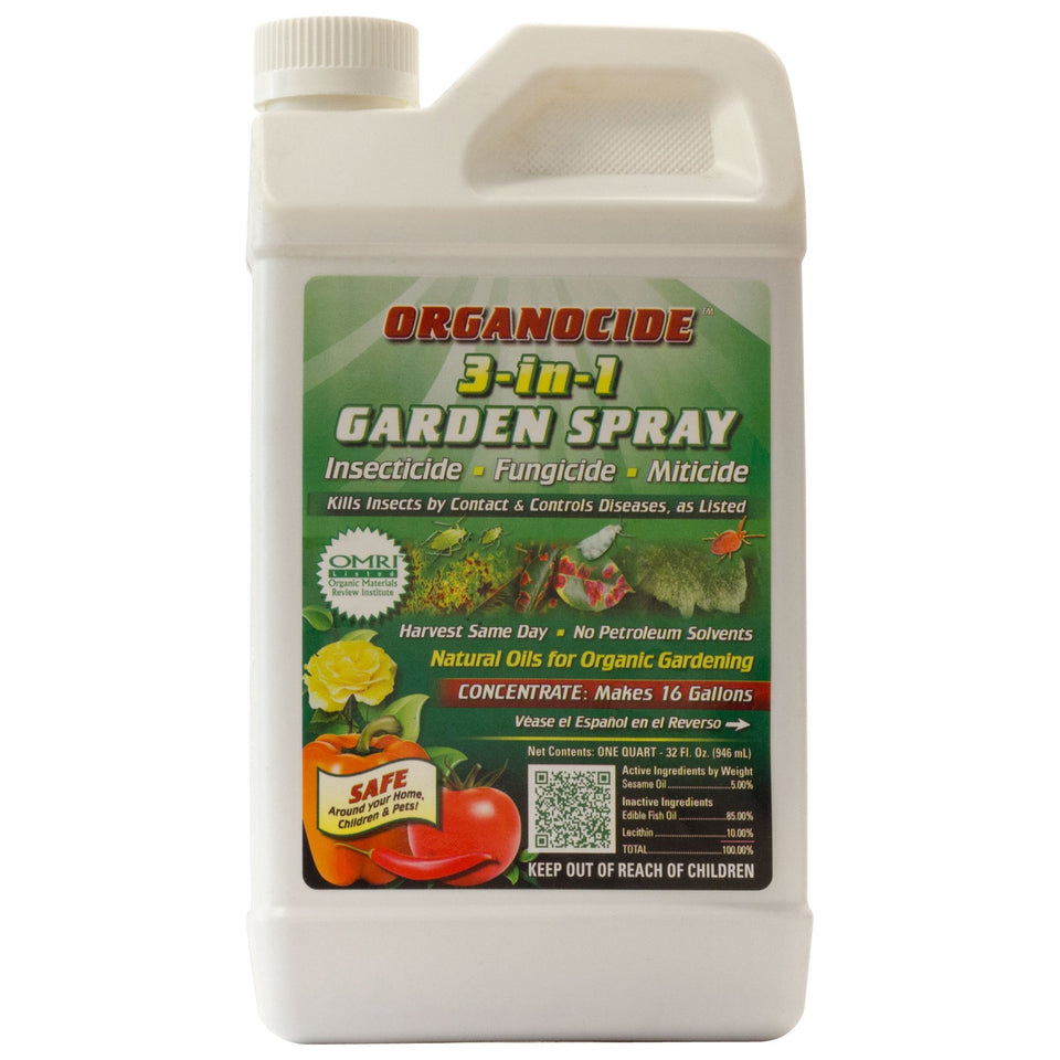 Organocide 3-in-1 spray bottle for safe garden pest control on vegetables and ornamentals