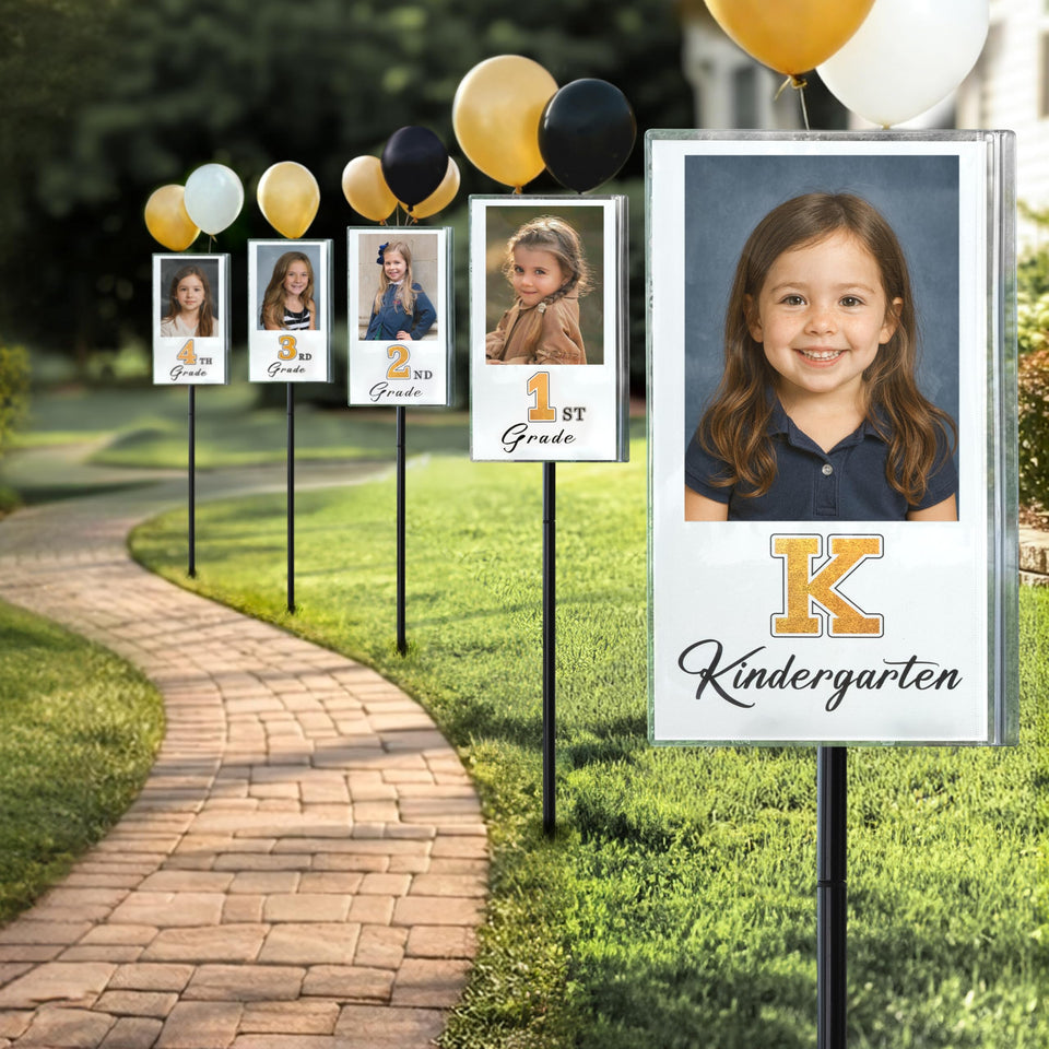 Oriental Cherry 2026 graduation yard sign kit displays milestones outdoors with a cohesive photo timeline