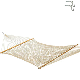 Original Pawleys Island large oatmeal Duracord rope hammock wide-shot invites backyard lounging.