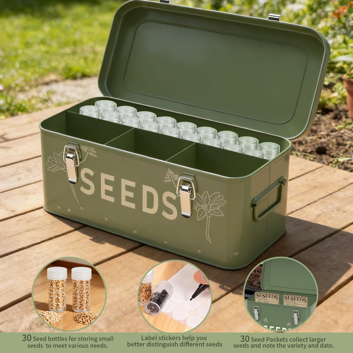Orionstar locking mechanism in dual-lock box protects seeds from spills