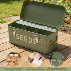 Orionstar locking mechanism in dual-lock box protects seeds from spills