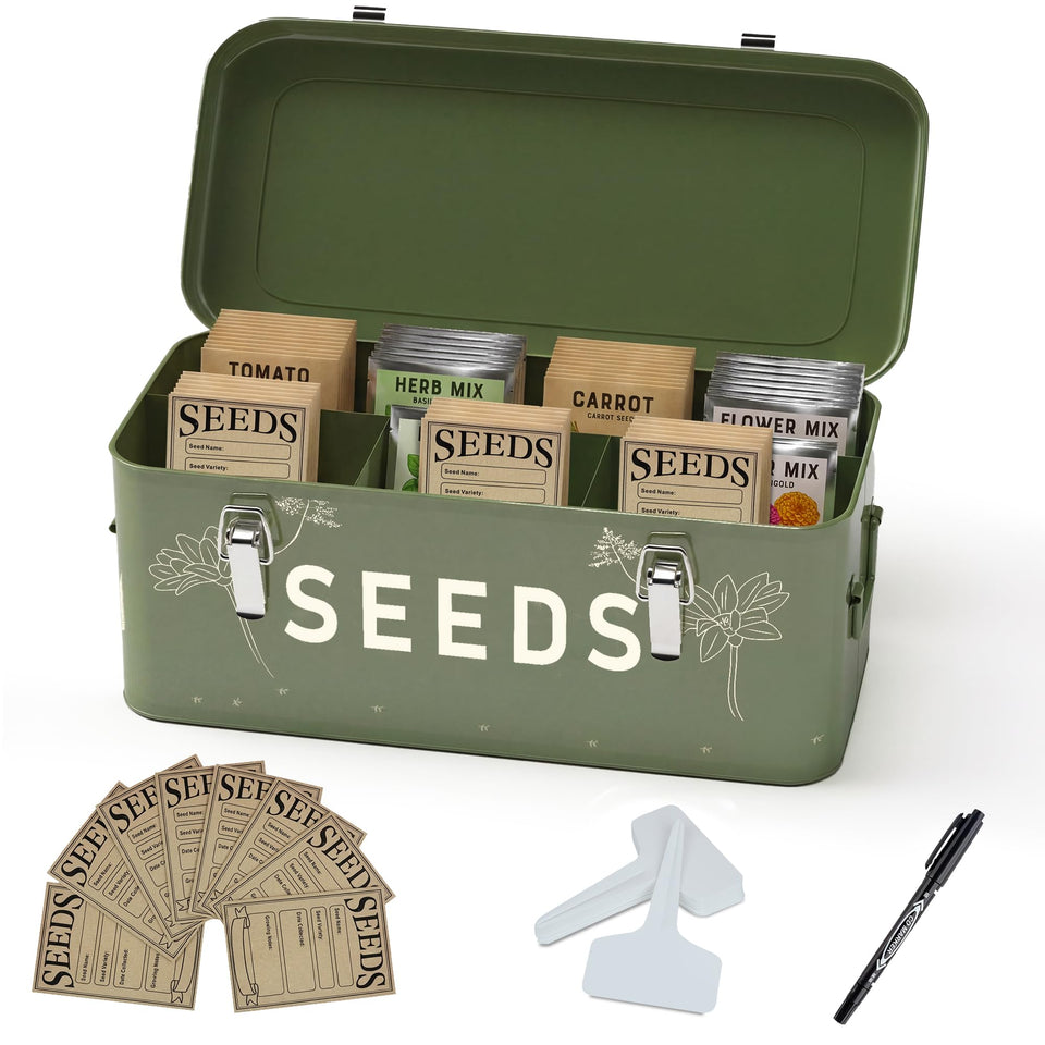 Orionstar seed storage bin with four compartments, vintage dark green finish, easy seed sorting