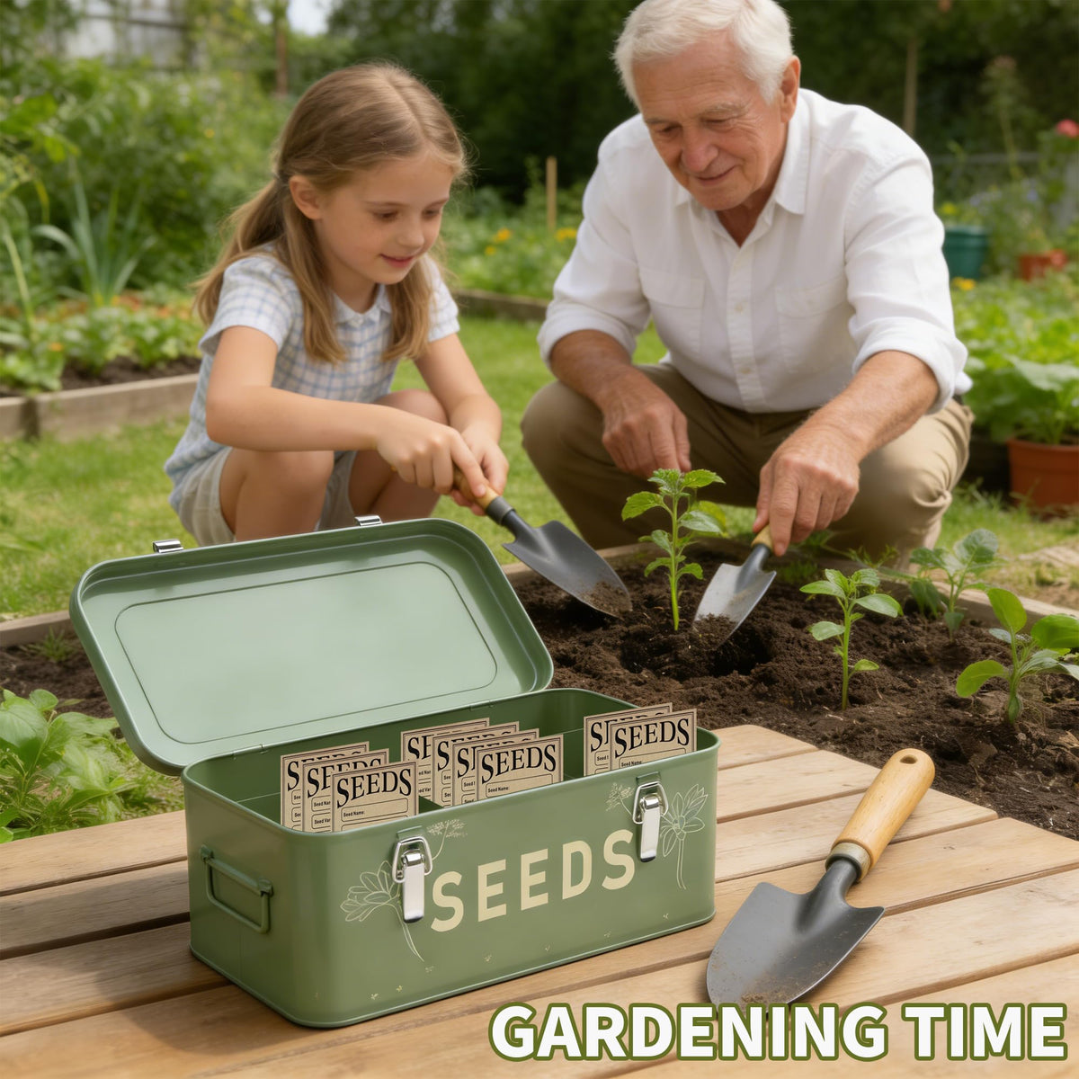 Orionstar vintage dark-green cabinet elevates garden décor while storing seeds