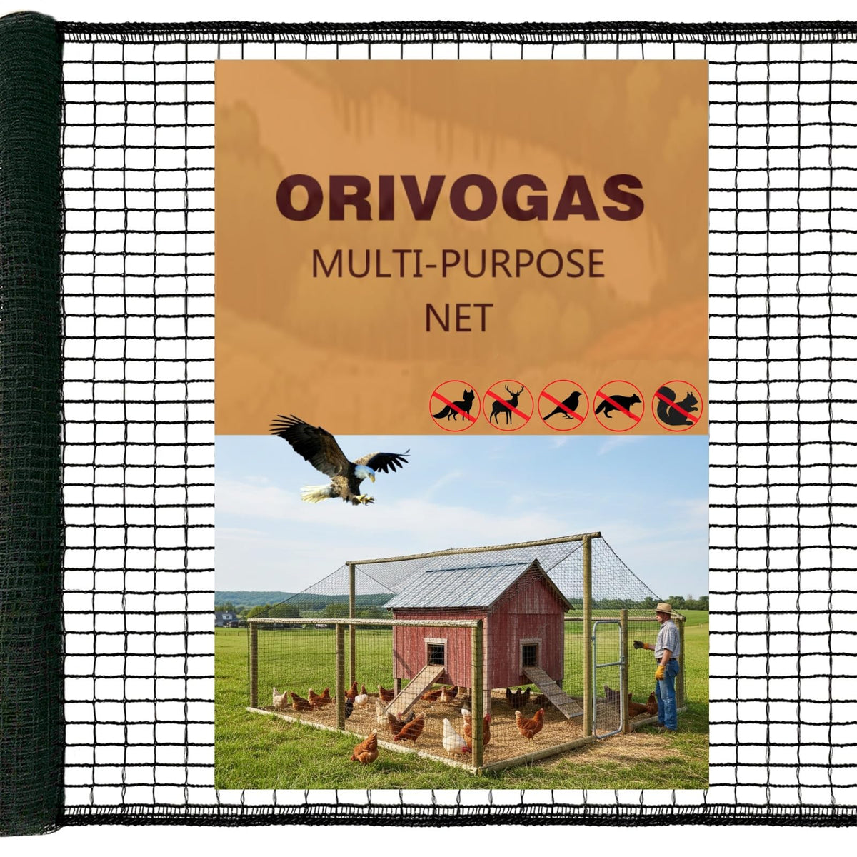 ORIVOGAS heavy-duty netting over a chicken coop protecting poultry from aerial threats
