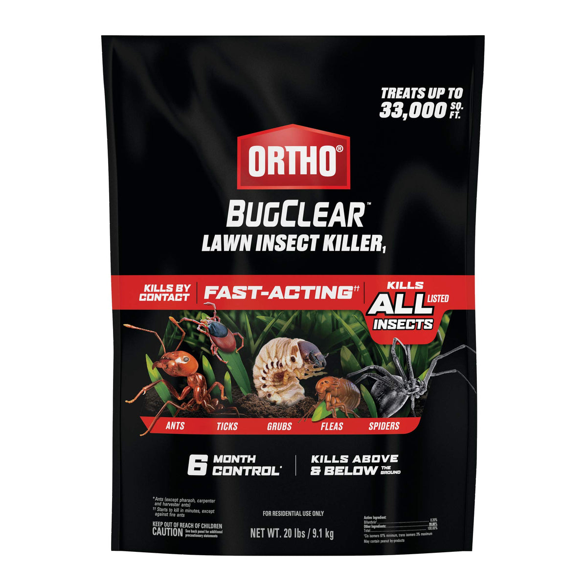 Ortho BugClear granules protecting the lawn from ants and grubs.