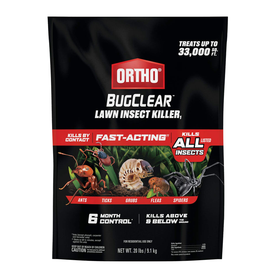 Ortho BugClear granules protecting the lawn from ants and grubs.