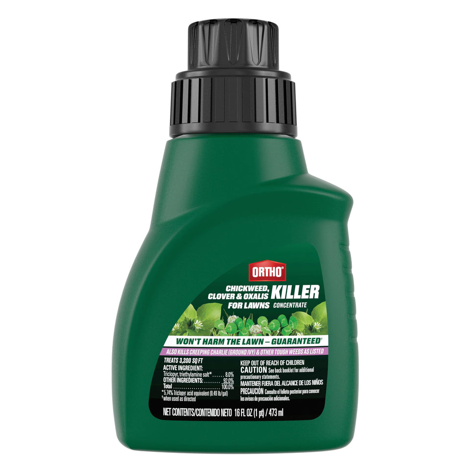 Ortho Chickweed, Clover & Oxalis Killer for Lawns bottle for targeted weed control.