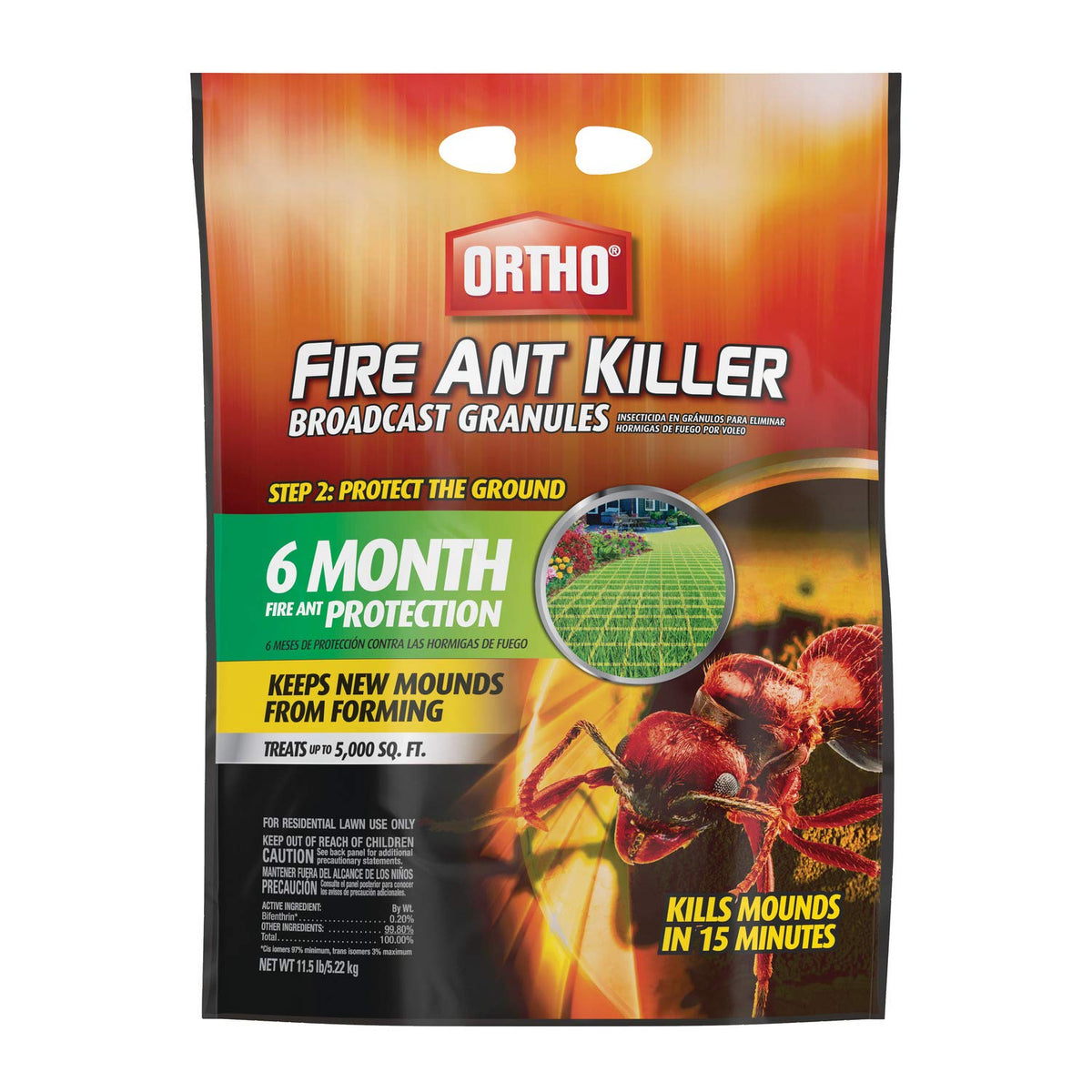Ortho Fire Ant Killer Broadcast Granules coverage up to 5,000 sq ft for lawn protection.