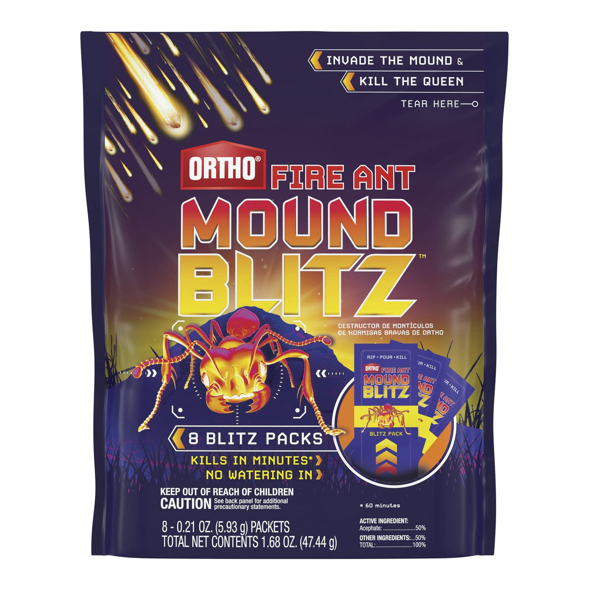 Ortho Fire Ant Mound Blitz packs ready to pour on a mound for quick action