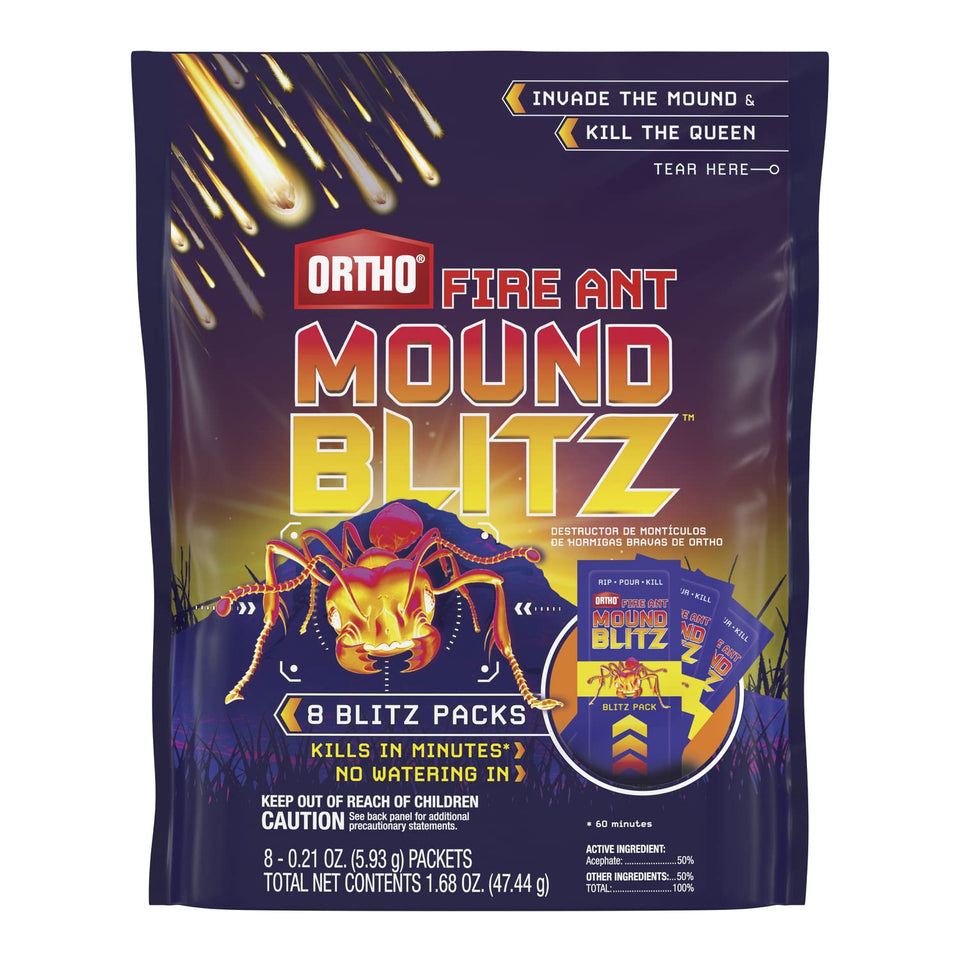 Ortho Fire Ant Mound Blitz packs ready to pour on a mound for quick action