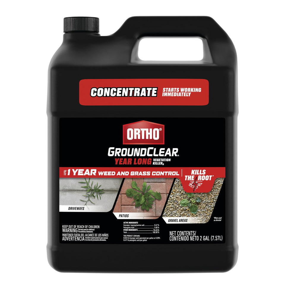 Ortho GroundClear concentrate bottle front demonstrates fast-acting weed control on hardscapes.