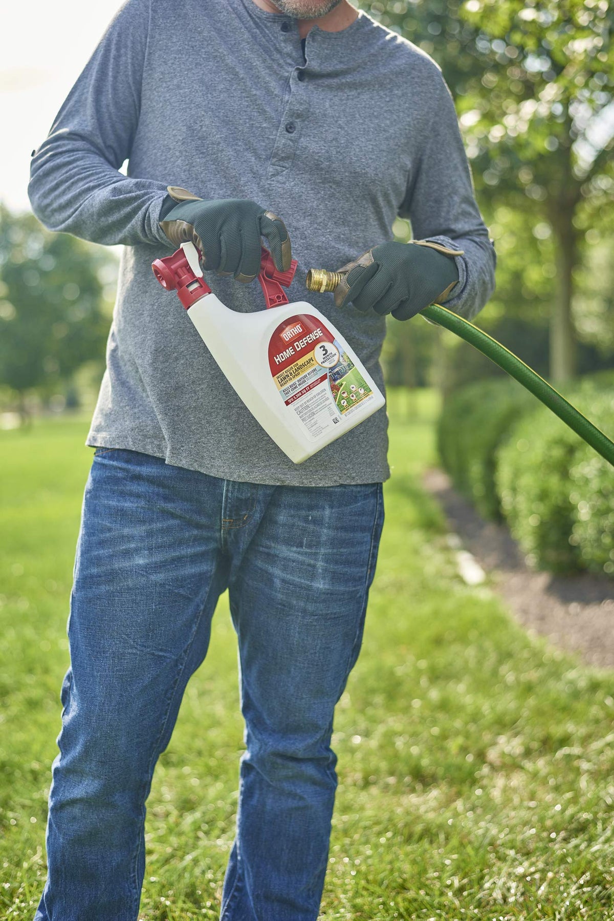 Ortho Home Defense attached sprayer delivers even coverage from a single hose-end trigger.