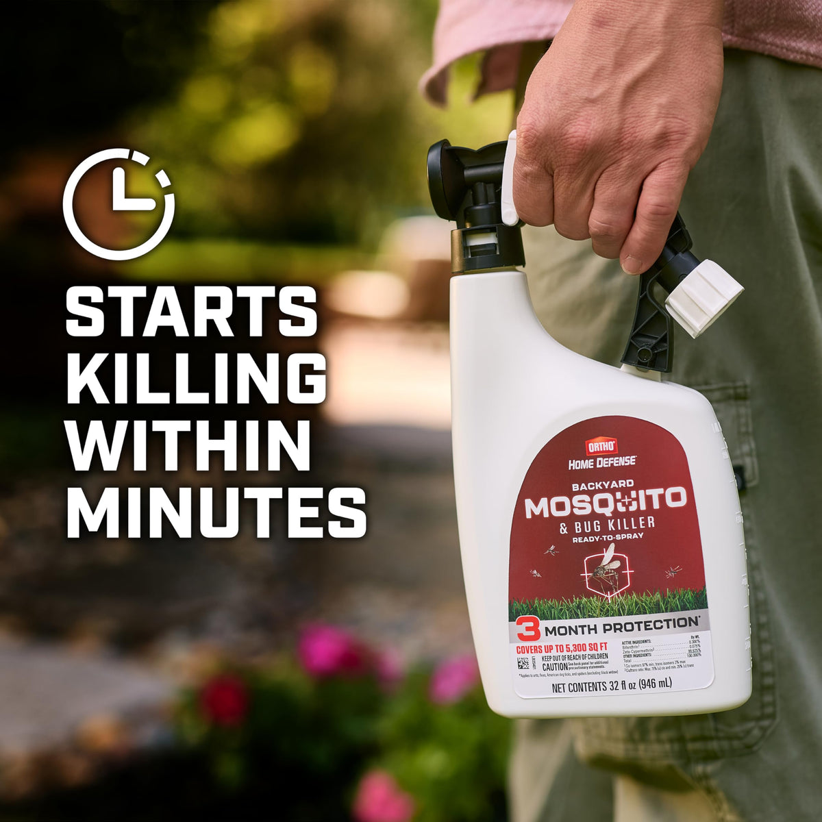 Ortho Home Defense spray lever in use to target mosquitoes and bugs.