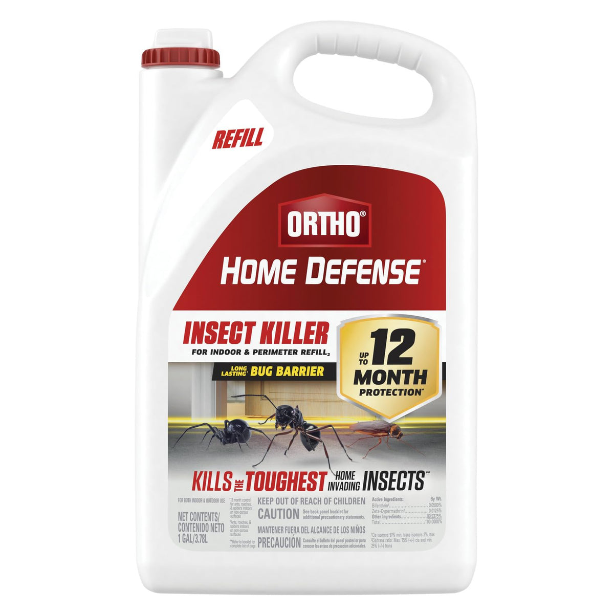 Ortho Home Defense bottle label highlights indoor pest control for kitchens and bathrooms