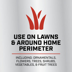 Ortho Home Defense bottle beside ornamental plants indicating easy yard application.