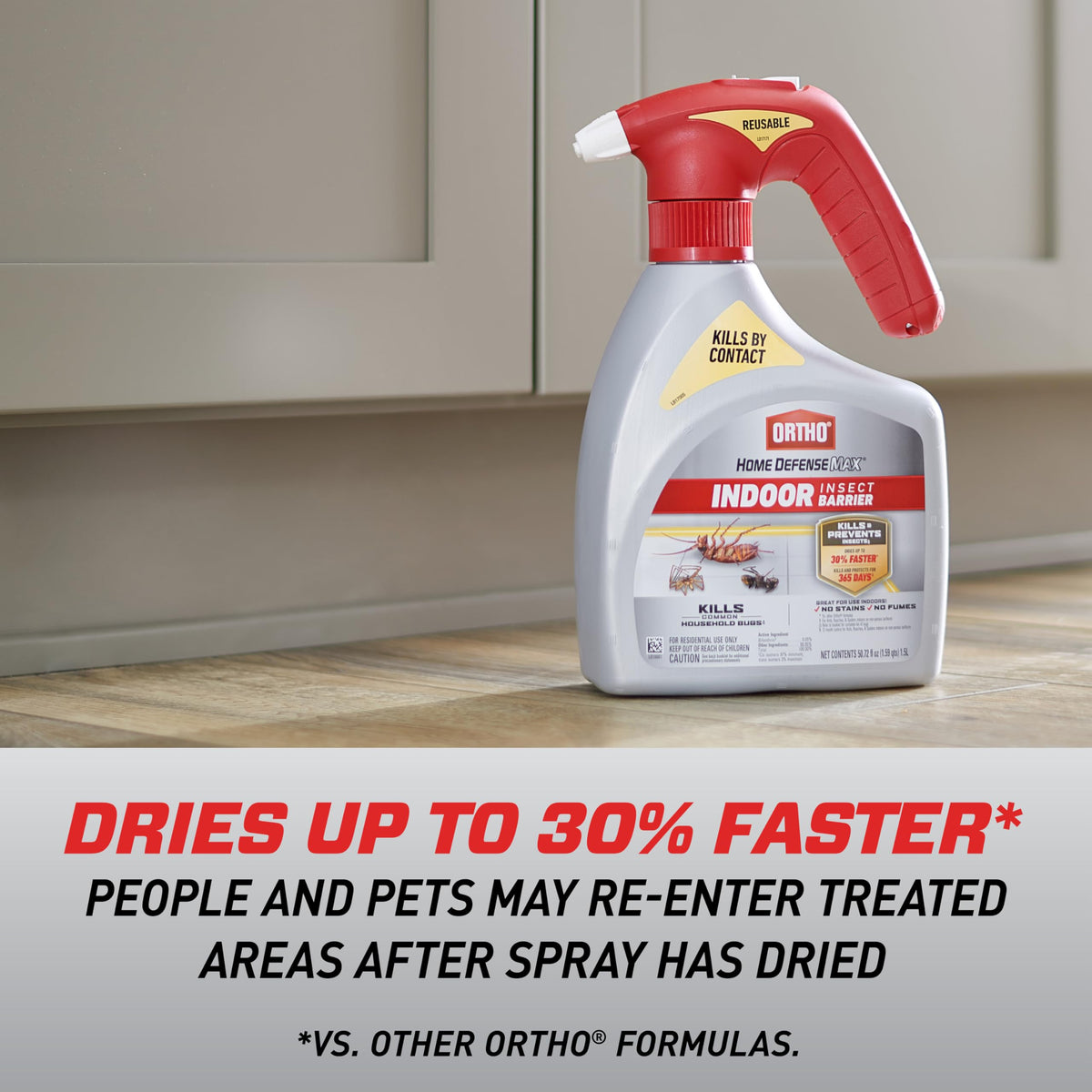 Ortho Home Defense Max 365 days protection claim on nonporous indoor surface.