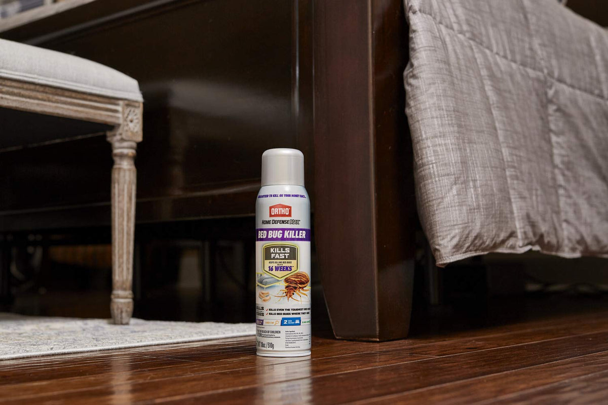 Ortho Home Defense Max spot-treatment around bed frame and headboard reduces hiding pests.