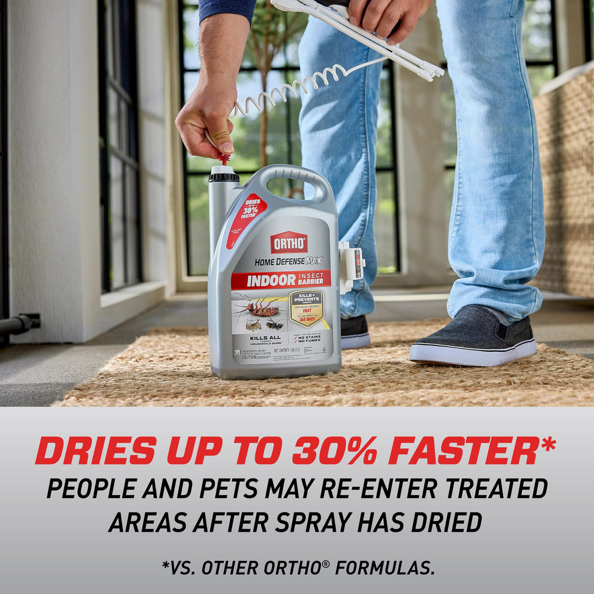 Ortho Home Defense Max spider-kill action for indoor areas.