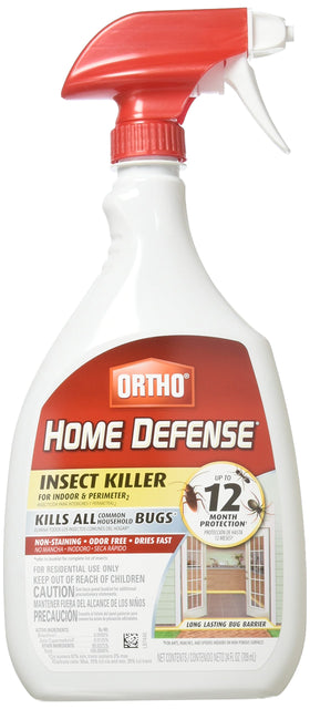 Ortho Home Defense MAX spray bottle applying a protective indoor perimeter barrier
