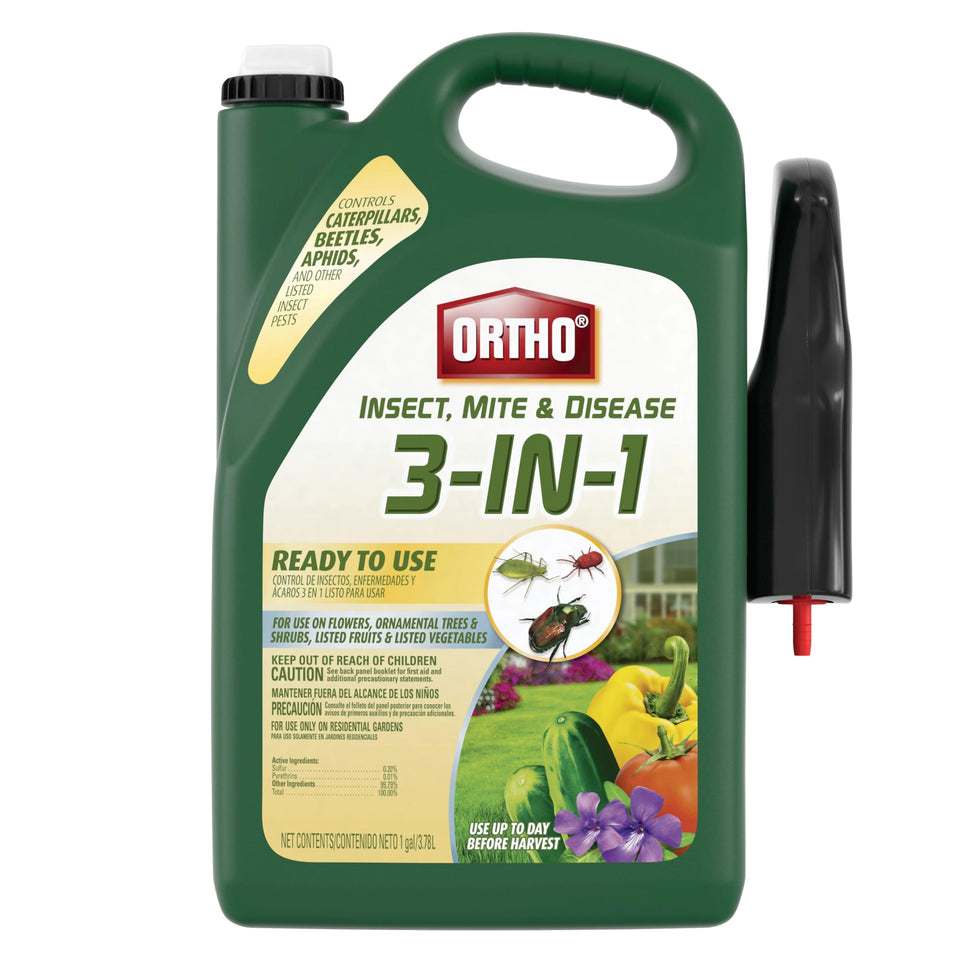 Ortho Insect Mite & Disease 3-in-1 bottle for easy garden protection